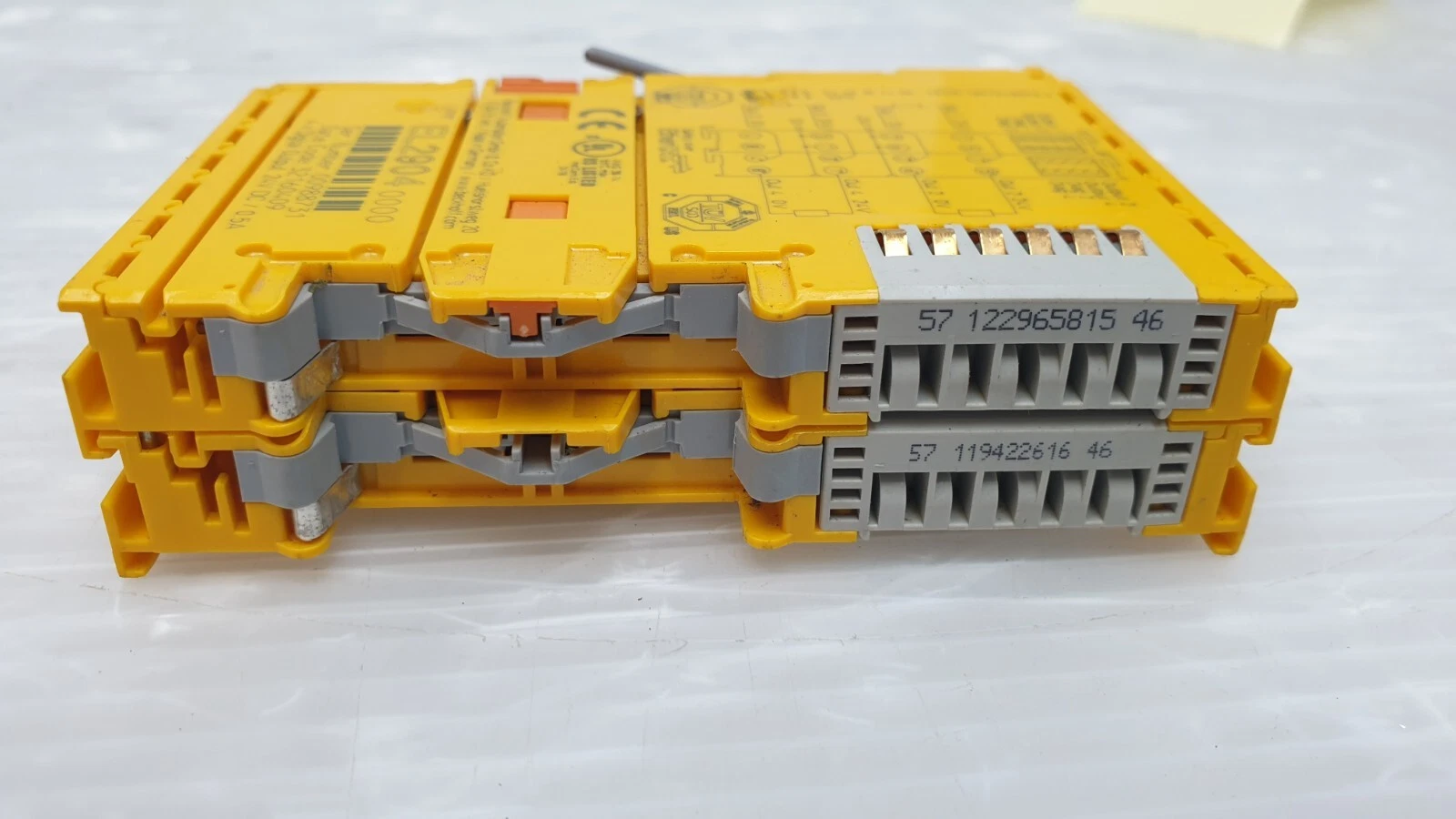Two Beckhoff EL2904 terminals stacked, side view with E-bus contacts
