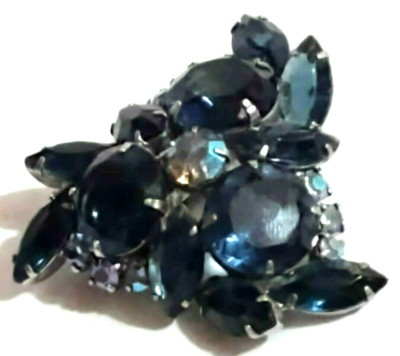 VTG 2'' Blue Rhinestone Brooch 1950s-60s MCM Faceted w AB Aurora Borealis Stones