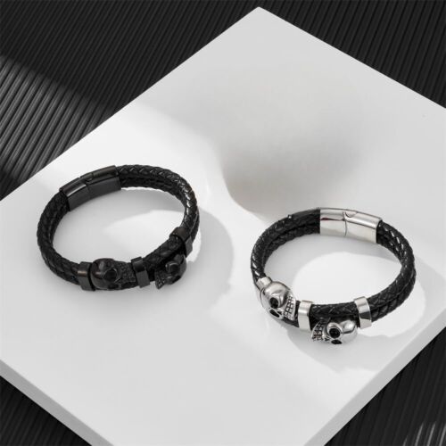 Pulsera Calavera Acero Inoxidable Cuero Trenzado Esqueleto Pulsera Punk Joyería - Imagen 8 de 35