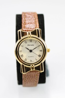 Eternity Damen Uhr Edelstahl Gold Leder Brown Wasser Res Beige Quarz