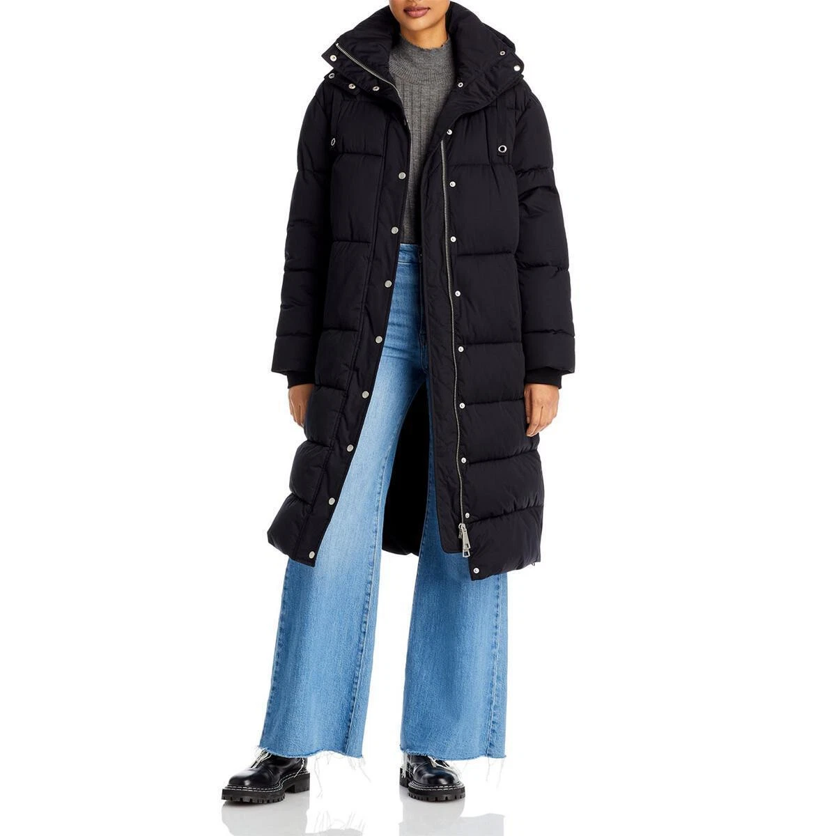 $298 Aqua Womens Black Puffer Hooded Long Quilted Coat Outerwear, Small