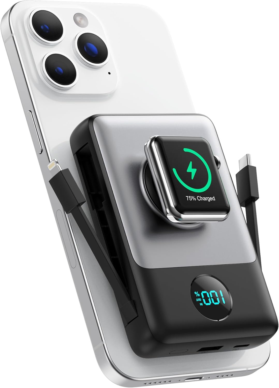 10800mAh Magnetic Portable Charger for iPhone with Built-In Cables - 6-in-1 Wireless Power Bank