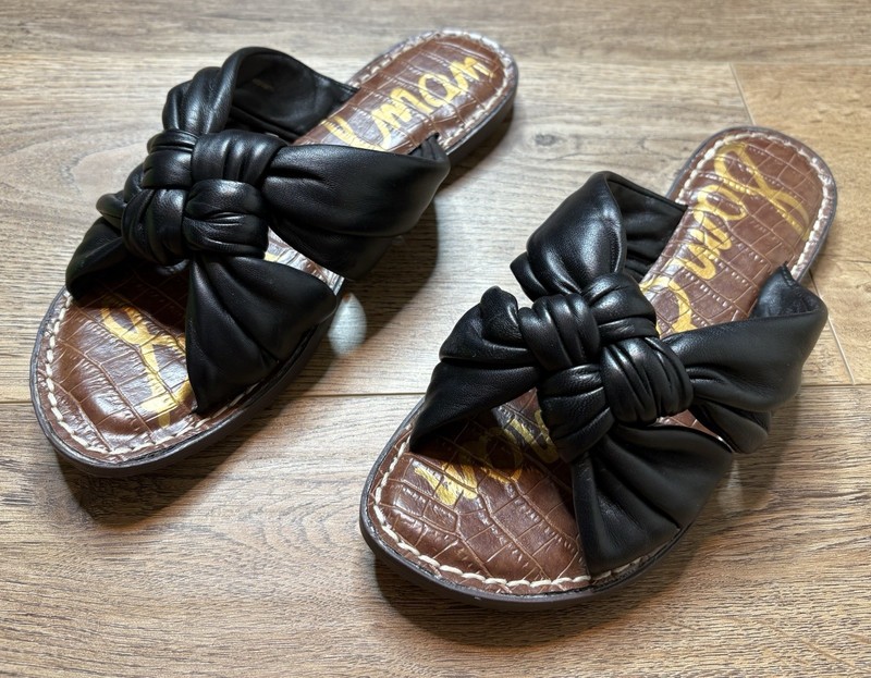 Sam Edelman Garson Leather Knot Black Flat Sandal  Size 7