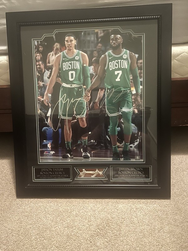 Boston Celtics Tatum and Brown autographed framed photo with game used net
