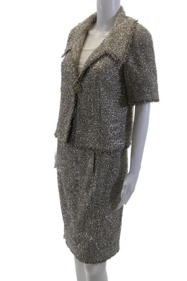 Chanel Mujer Mezcla Algodón Metálico Manga Corta Falda Traje Plateado Talla 40 42 Foto 2 de 4