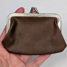 Vintage Kiss Lock Coin Change Purse Wallet Dark Brown Vegan Faux Leather