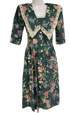 VTG Floral Cottagecore Prairie Lace Trim Sailor Collar Trad Wife Midi Dress XS/S