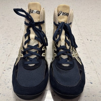 RARE Asics Cael Sanderson V4.0 Wrestling Shoes Navy White Gold J901Y Men s Sz 12