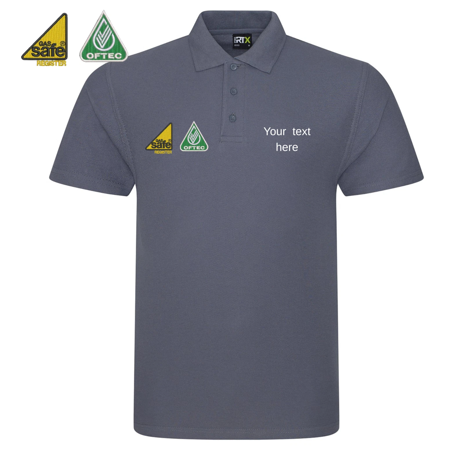 Gas Safe Polo shirt Embroidered with oftec and your text, plumber installer heat
Opens in a new wind