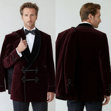 Burgundy Men's Smoking Jacket with Shawl Lapel 2Pcs Prom Suit Casual Tuxedo