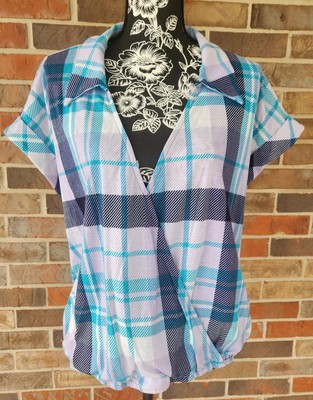 Emerald Women's Blue/Lavender Plaid Collared V-Neck Top Cozy&Chic Boutique Sz L