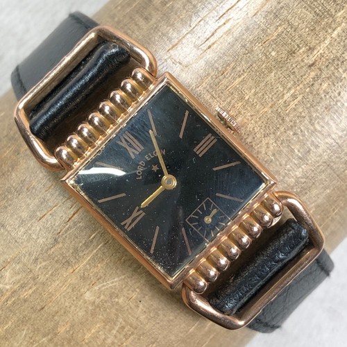 Vtg Lord Elgin Mens Drivers 14K Rose Gold Plated Mechanical Wind 22mm Watch 7"