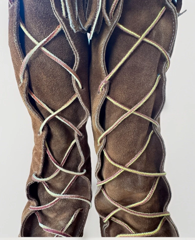 Minnetonka Festival Boho Suede Lace Up Fringe Moccasin Tall Boots Women’s Size 6 - Image 3 of 4
