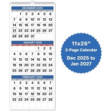 Durable 2026 Wall Calendar - 11x26 Easy-Read Format with US & Canadian Holidays