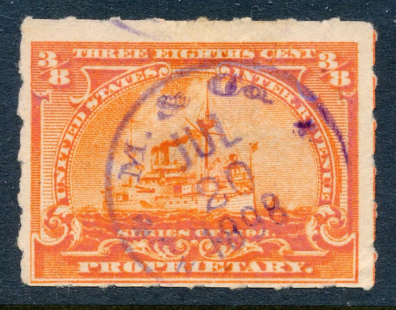 99c Start! US Revenue Stamp Battleship RB22 Merck & Co. 1898 cancel