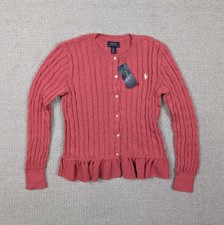 NWT Polo Ralph Lauren Girls Large Cable Knit Peplum Sweater Cardigan Pink Ruffle