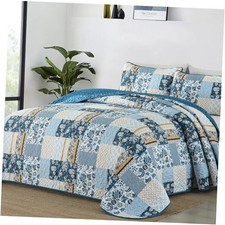 Quilt Set Size 3 Pieces Summer Patchwork Plaid Bedspread Coverlet Queen Blue