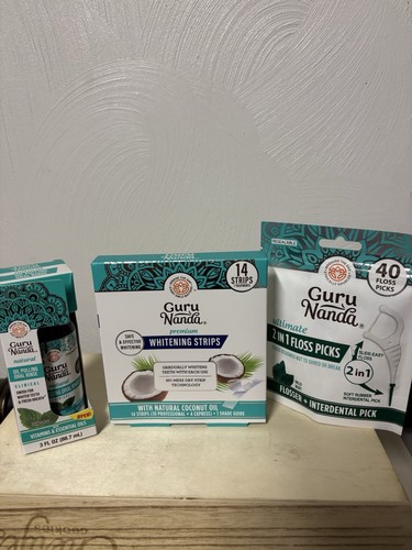 Set/3-GURU Nanda Whitening Strips 7-D  + 40 Pk Of Flossers + Oil Pulling Rinse
