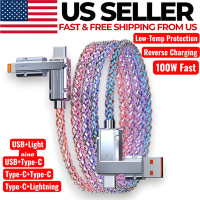 4-in-1 LED RGB Fast Charging Cable USB-C Micro Connector Cord for iPhone Android