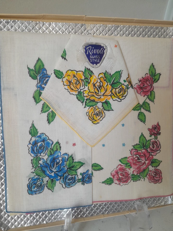 Juego de pañuelos estilo suizo Rivoli vintage NOS 1950 en caja almacenada durante años Foto 4 de 4