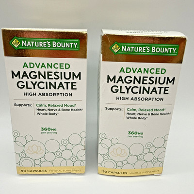 Lot of Two Nature's Bounty Advanced Magnesium Glycinate 360 mg 90 Caps exp 03/28