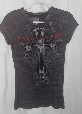 Crash & Burn Women's Black V-Neck T-Shirt Rhinestone CROSS SIZE MEDIUM PRE-OWNED