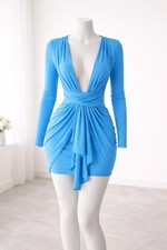 Fashion Nova Blue Deep V Mini Dress Size S Shoulder Pads Party Festival