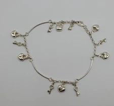 Sterling Silver Bracelet or Anklet With Hanging Hearts & Key Charms 10"
