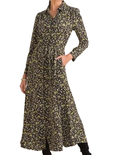 Chico’s 3.5 Maxi Shirt Dress Size XL/18 Olive Green Abstract Dot Office Career - Picture 3 of 18