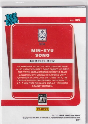 Panini Road to Qatar 2021-22 Donruss n. 189 Min-Kyu Song Rated Rookie Ottic - Foto 2 di 2