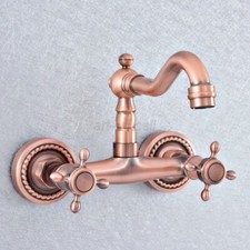 Antique Red Copper Swivel Bathroom Sink Faucet Wall Mount Dual Handle Mixer Tap