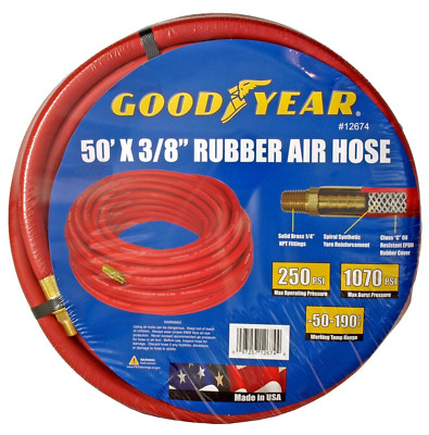 Goodyear 50' x 3/8'' Rubber Air Hose 250 PSI Air Compressor Hose USA Made
