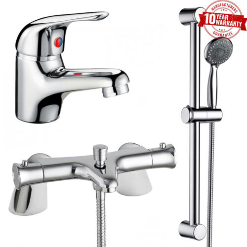 Thermostatic Bath Shower Mixer Tap With Shower Rail Kit & Wash Basin Mixer Tap - Zdjęcie 1 z 9