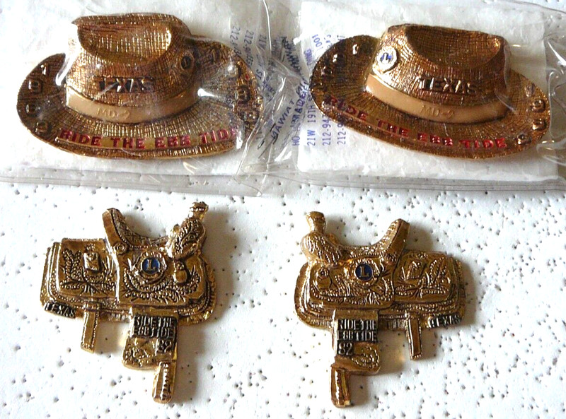 Lions Club Pins - TEXAS 1982 SADDLES & 1983 HATS  " Ride the Ebb Tide"  3D Pins