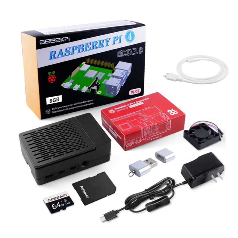 Raspberry Pi 4 Model B 8GB Plastic Case+ 64GB SD Card, Starter Kit Case with Fan