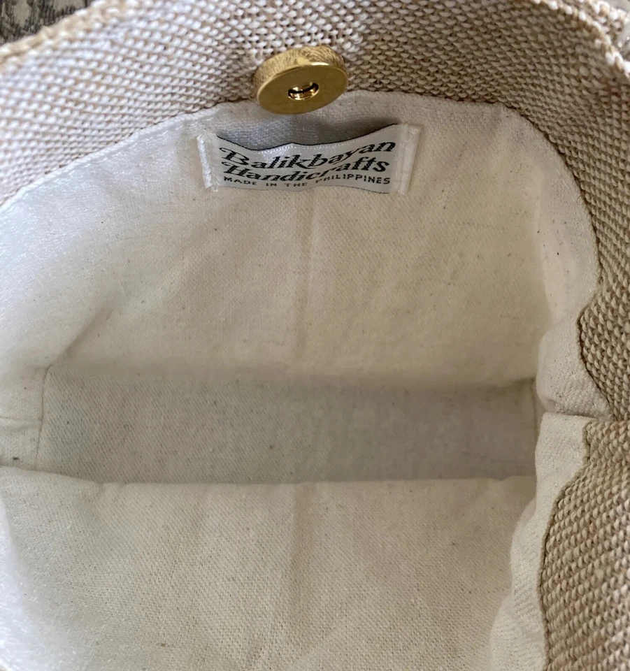 Vintage Linen Burlap Hand Bag/Purse, Ivory/Beige, With Colorful Beaded Handles - Image 4 of 4