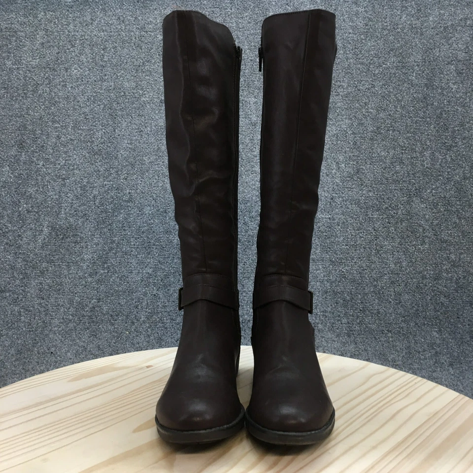 Style & Co Boots Womens 7.5 M Lucia Tall Riding Brown Faux Leather Block Zip - Image 4 of 4