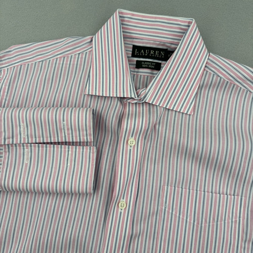 Lauren Ralph Lauren, Lauren Ralph Lauren Long Sleeve Dress Shirt Men 16 32/33 Pink Stripe French Cuff