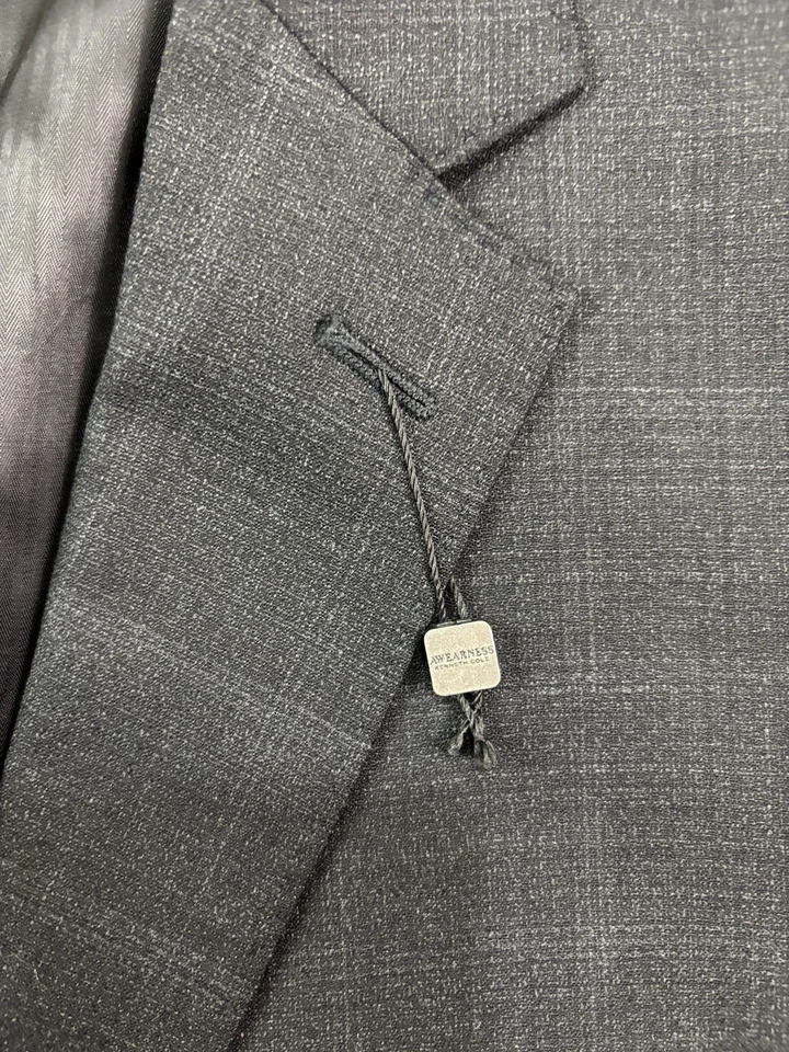 NUEVO Kenneth Cole 44R 34x30 2 piezas Pantalón Traje Negro Carbón Cuadros Lana Elástico Foto 4 de 4