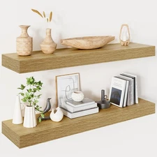 32 Inch Floating Shelves for Wall,Oak 9.3" Deep Floating Shelf Set of 2,Wall ...