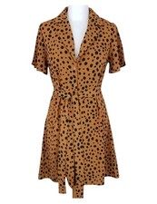 New Boohoo Animal Print Shirt Dress UK 10 Brown Black Belted Mini Tea Collared