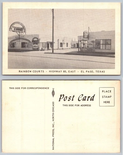 Rainbow Courts El Paso Texas Postcard Highway 80 East Motel Neon Sign Vintage