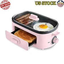 Ceramic Nonstick 3-in-1 Breakfast Maker Station W/ Dual Griddles & Timer New