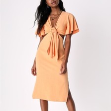 Lulus Summer Journey Light Orange Tie-Front Cutout Midi Dress size S