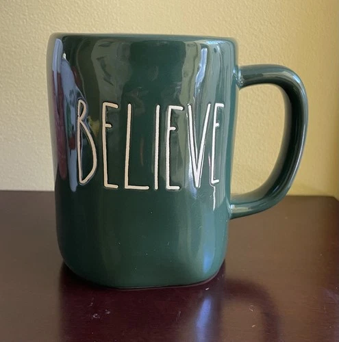 Rae Dunn by Magenta Dark Green "BELIEVE" Coffee Cocoa Mug Tea Cup Christmas 