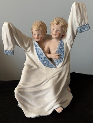 German Heubach Bisque Boys in Daddy s Night Shirt Rising Sun Mark Figurine 7 in