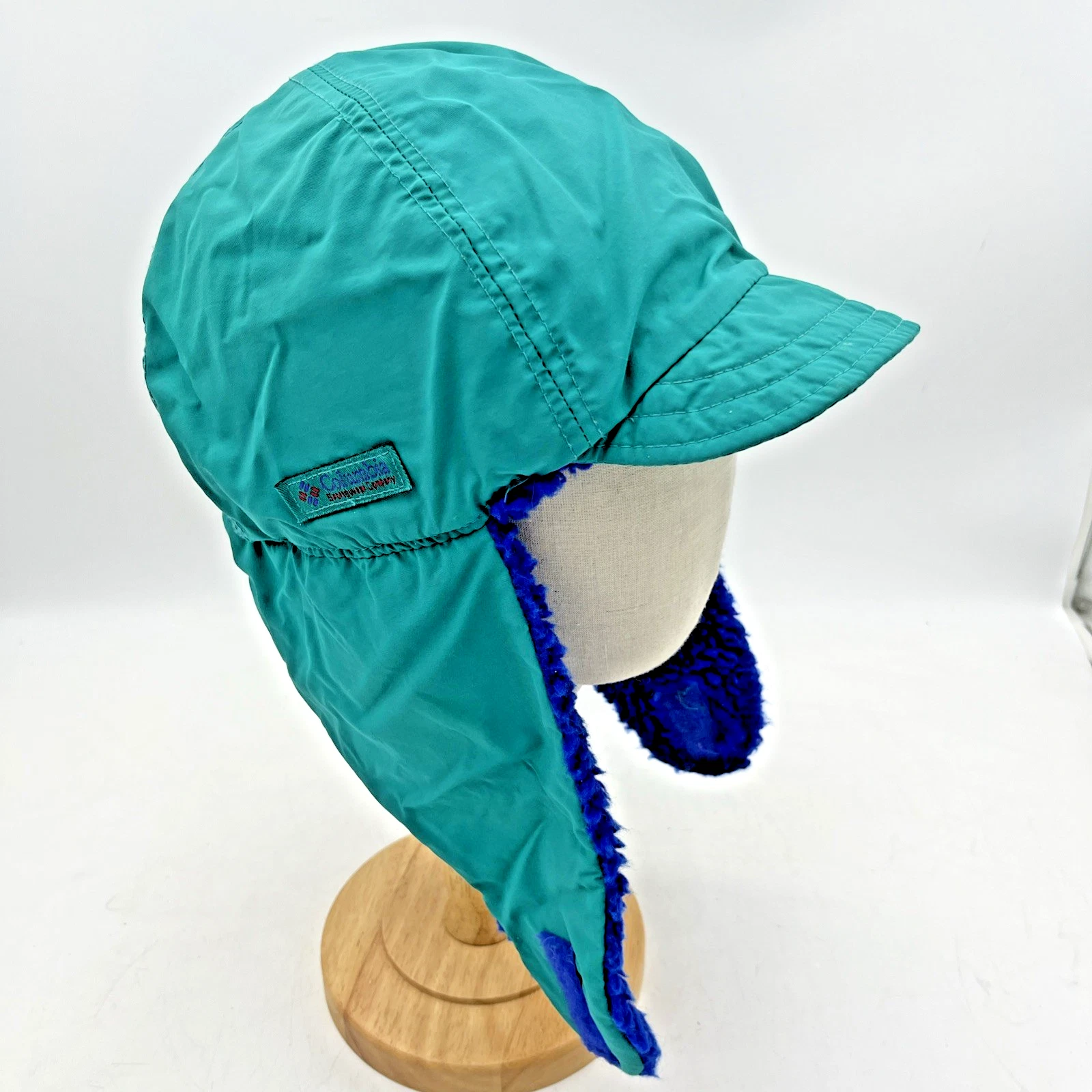 Vtg 90’s COLUMBIA Teal Aqua Trapper Hat Sherpa Lined Ear Flaps Sz L/XL Rare USA