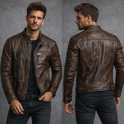 Vintage Distressed Men s Leather Motorcycle Cafe Racer Jacket Brown Classic