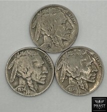 Lot of 3 Buffalo / Indian Head Nickel Coins with Full Dates, Old US Coins!