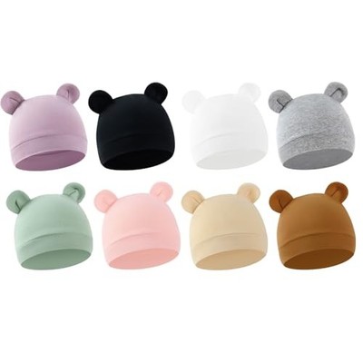 8-Pack Newborn Baby Hats with Bear Ears, 100% Soft Cotton Preemie Beanies for 